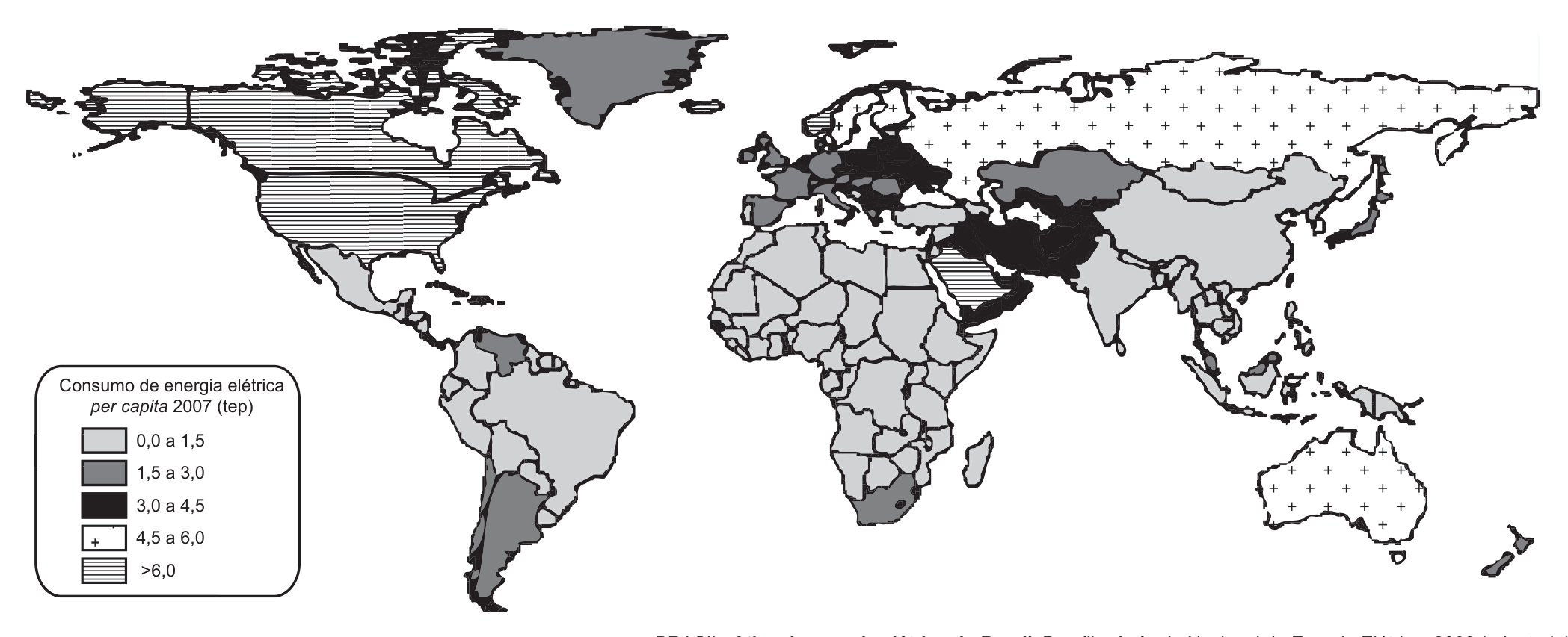 Cartograma mundial em preto e branco com a legenda "Consumo de energia elétrica per capita 2007 (tep)" em cinco classes: 0,0 a 1,5 (cinza claro); 1,5 a 3,0 (cinza escuro); 3,0 a 4,5 (preto); 4,5 a 6,0 (pontilhado com cruzes); e mais de 6,0 (listrado). Estados Unidos e Canadá aparecem listrados (mais de 6,0); Rússia, Ásia Central e Austrália, pontilhados (4,5 a 6,0); a maior parte da Europa, além de Turquia, Arábia Saudita e Irã, em preto (3,0 a 4,5); Groenlândia, Venezuela, Argentina, Chile, África do Sul e Japão em cinza escuro (1,5 a 3,0); e a maior parte da África, da América Latina (inclusive o Brasil) e do sul e sudeste da Ásia, além da China e da Índia, em cinza claro (0,0 a 1,5).