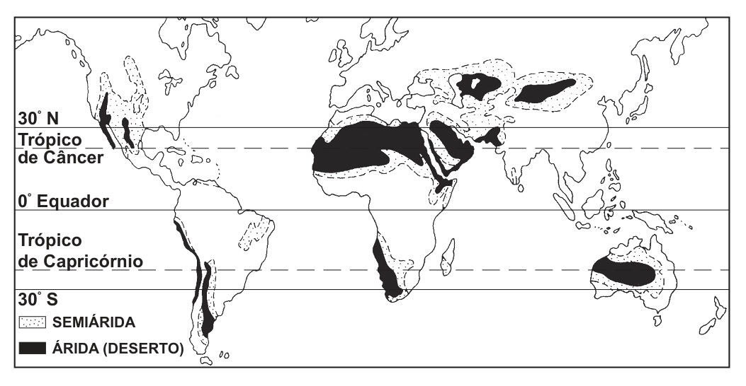 Mapa-múndi em preto e branco, com moldura, cortado por cinco linhas horizontais rotuladas à esquerda: “30° N”, “Trópico de Câncer” (tracejada), “0° Equador”, “Trópico de Capricórnio” (tracejada) e “30° S”. A legenda indica áreas pontilhadas como “SEMIÁRIDA” e áreas pretas como “ÁRIDA (DESERTO)”. No Hemisfério Norte, as áreas áridas aparecem no oeste da América do Norte, em uma larga faixa do norte da África à Península Arábica e ao sudoeste da Ásia, e no interior da Ásia. No Hemisfério Sul, aparecem na costa oeste e no sul da América do Sul, no sudoeste da África e no centro-oeste da Austrália, em geral próximas ao Trópico de Capricórnio e a 30° S; no leste da América do Sul há apenas uma pequena área semiárida, mais ao norte, sem mancha de deserto.