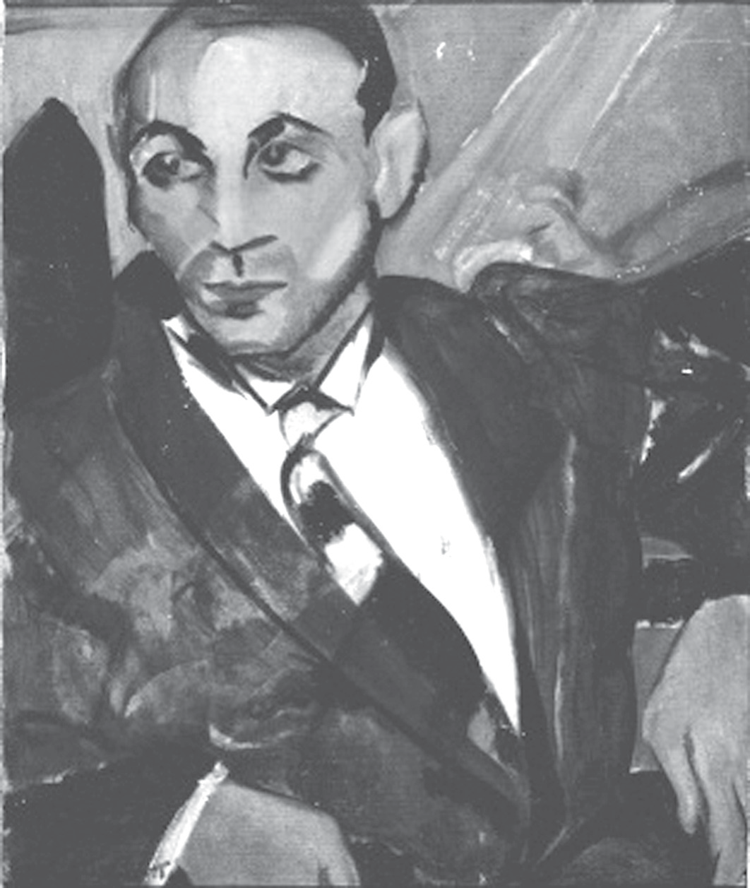 Reprodução em preto e branco da pintura “O homem amarelo”, de Anita Malfatti: retrato de um homem de cabeça raspada, rosto anguloso e olhar oblíquo, vestindo paletó escuro, camisa clara e gravata, sentado com uma das mãos apoiada; pinceladas largas e formas simplificadas, com fundo em planos geométricos.