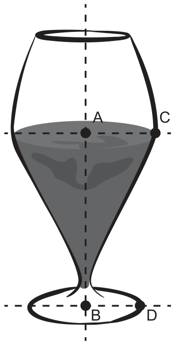 Desenho de um copo em forma de taça: borda superior elíptica; um pouco abaixo, a linha horizontal AC marca a largura máxima do copo, com o líquido sombreado abaixo dela; o corpo se estreita até a haste e termina na base, cuja largura é marcada pela linha BD; o eixo vertical tracejado passa por A e B.