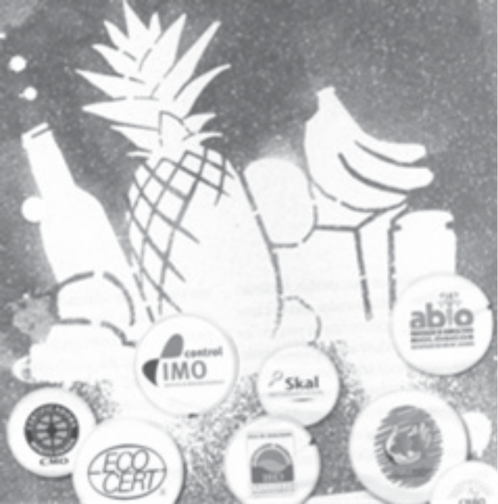 Fotografia de produtos (abacaxi, bananas, garrafa, embalagens) em contraste claro-escuro, com vários selos de certificação sobrepostos, entre eles Control IMO, Skal, Ecocert, abio e outros selos ecológicos e orgânicos.