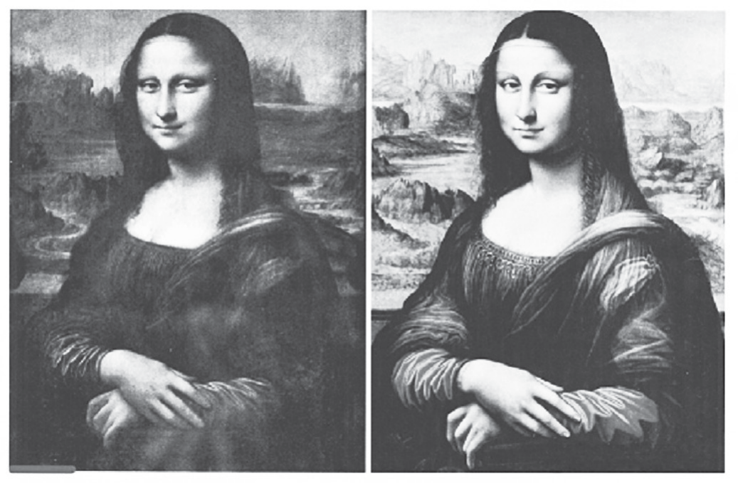 Reprodução em preto e branco de duas pinturas lado a lado, ambas retratando a mesma mulher sentada, de cabelos longos e mãos cruzadas, diante de uma paisagem de montanhas. A da esquerda é mais escura e com menos contraste; a da direita é mais clara, com a paisagem nítida, o véu e o decote mais visíveis e a modelo de aparência mais jovem.