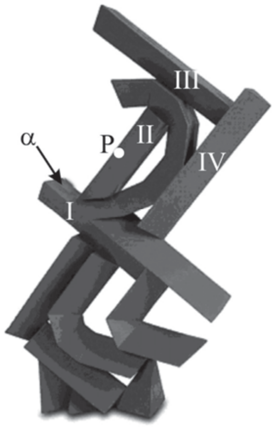 Fotografia de escultura de Emanoel Araújo: barras prismáticas de base triangular entrelaçadas, numeradas I, II, III e IV; uma seta indica a face α, triangular, na extremidade do prisma I; o ponto P está marcado sobre uma aresta do poliedro II.