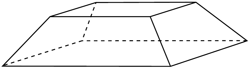 Desenho em perspectiva de um sólido geométrico. A base inferior é um retângulo grande; a face superior é um retângulo menor, paralelo à base e centrado sobre ela. Quatro faces laterais inclinadas, em forma de trapézio, ligam os lados do retângulo de cima aos lados correspondentes do retângulo de baixo. As arestas visíveis estão em linha contínua, e as ocultas (de trás), em linha tracejada.