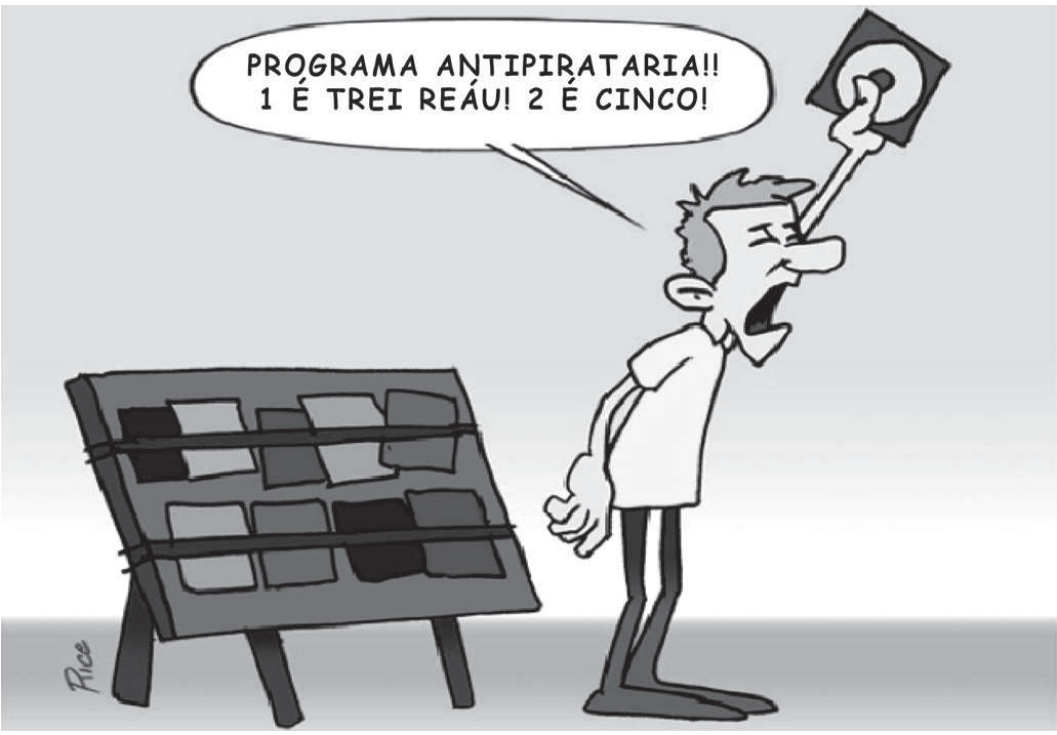 Charge de Rice: um camelô magro, de camisa branca, grita de olhos fechados segurando um CD no alto, com o balão "PROGRAMA ANTIPIRATARIA!! 1 É TREI REÁU! 2 É CINCO!"; ao lado, uma banca inclinada com fileiras de CDs presos por elásticos.