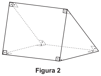 Esquema em perspectiva de um sólido: uma base retangular (com duas arestas tracejadas, ocultas), duas faces laterais inclinadas que sobem da base e se encontram numa aresta superior paralela à base, e duas faces triangulares nas extremidades; marcas de ângulo reto nos vértices.