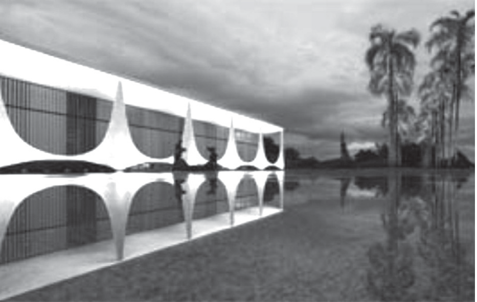 Fotografia do Palácio da Alvorada, em Brasília, ao entardecer: edifício horizontal, longo e baixo, de fachada envidraçada, sustentado por colunas brancas curvas em forma de arcos invertidos que tocam o chão em pontas; o prédio se reflete no espelho d’água em primeiro plano; à direita, palmeiras contra um céu nublado.
