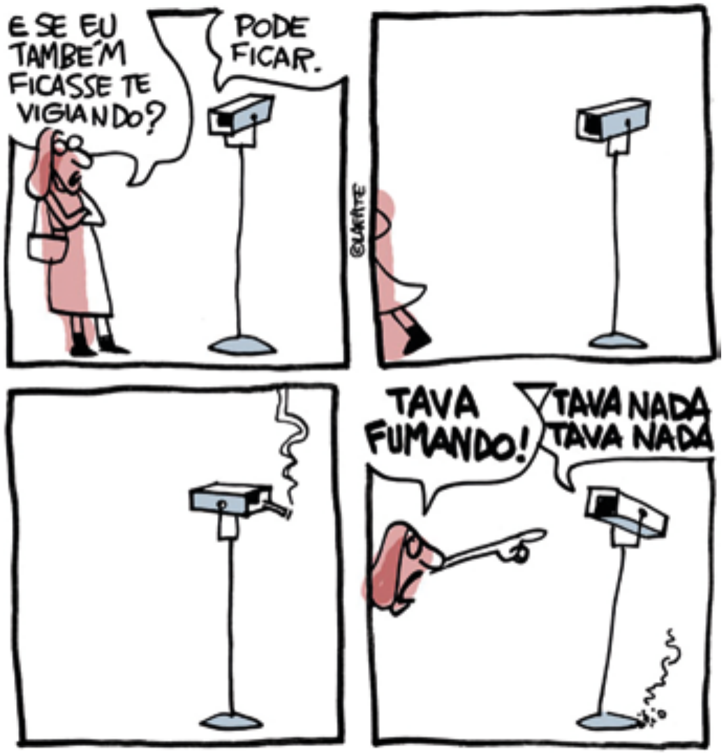 Tira de Laerte em quatro quadros. Quadro 1: uma pessoa, de braços cruzados, pergunta a uma câmera de vigilância instalada em um poste: “E SE EU TAMBÉM FICASSE TE VIGIANDO?”; a câmera responde: “PODE FICAR.” Quadro 2: a pessoa sai de cena e a câmera fica sozinha. Quadro 3: a câmera, sozinha, solta fumaça, como se fumasse. Quadro 4: a pessoa reaparece de repente, apontando o dedo: “TAVA FUMANDO!”; a câmera responde: “TAVA NADA TAVA NADA”, enquanto um cigarro fumega no chão.