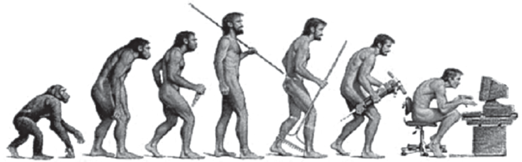 Charge em preto e branco que parodia a marcha da evolução humana, da esquerda para a direita: um macaco de quatro patas, um primata curvado, um hominídeo com uma pedra, um homem ereto com lança, um homem com enxada, um homem curvado carregando ferramentas e, por fim, um homem sentado em uma cadeira de escritório, curvado sobre um computador, com as costas arqueadas.