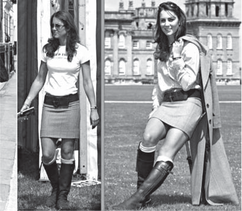 Duas fotografias de Kate Middleton, duquesa de Cambridge: à esquerda, caminhando na rua com camiseta, saia curta e botas de cano alto; à direita, em pé em um gramado diante de um edifício, com casaco longo aberto, saia curta e botas, sorrindo em postura descontraída.