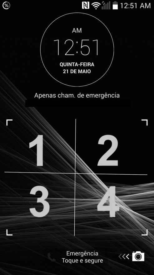 Tela de bloqueio de um celular mostrando o horário 12:51 AM e, abaixo, a tela dividida em quatro regiões numeradas 1, 2, 3 e 4 (duas em cima, duas embaixo).
