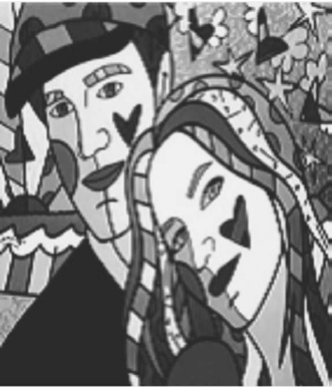 Alternativa A: pintura de Romero Britto em estilo pop, com um homem de boné e uma mulher de cabelos longos, rostos em formas geométricas coloridas e corações sobre as bochechas.