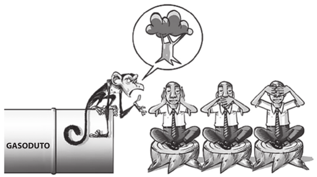 Cartum em tons de cinza. À esquerda, um grande tubo horizontal com a palavra “GASODUTO” escrita na extremidade; sobre ele, um macaco debruçado, com a boca aberta e o braço estendido para a direita. Do macaco sai um balão de fala com o desenho de uma árvore. À direita, três homens de camisa, gravata e óculos, sentados de pernas cruzadas sobre tocos de árvore cortados: o primeiro tapa as orelhas, o segundo tapa a boca e o terceiro tapa os olhos.