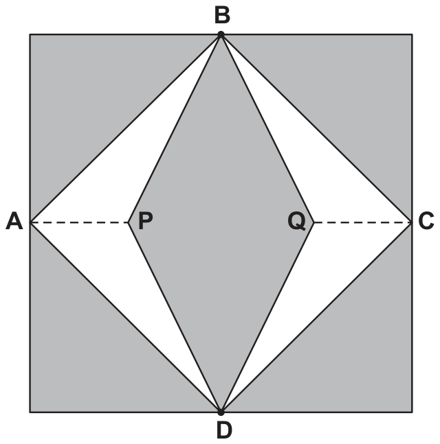 Quadrado sombreado com os pontos médios A (esquerda), B (cima), C (direita) e D (baixo); linha tracejada AC; pontos P e Q sobre AC, próximos de A e C; duas regiões claras em forma de pipa: ABPD e BCDQ; ao centro, um losango sombreado BPDQ.