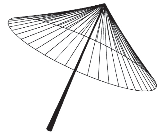 Desenho de uma sombrinha oriental aberta, vista em perspectiva: um cabo reto e escuro inclinado sustenta uma cobertura cônica, com dezenas de varetas finas que partem do vértice superior até a borda circular.
