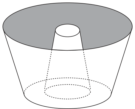 Desenho de uma forma de bolo: um tronco de cone invertido (base superior maior, sombreada, e base inferior menor, tracejada) com um furo central também em forma de tronco de cone, mais estreito em cima e mais largo embaixo, com linhas tracejadas indicando a parte interna.