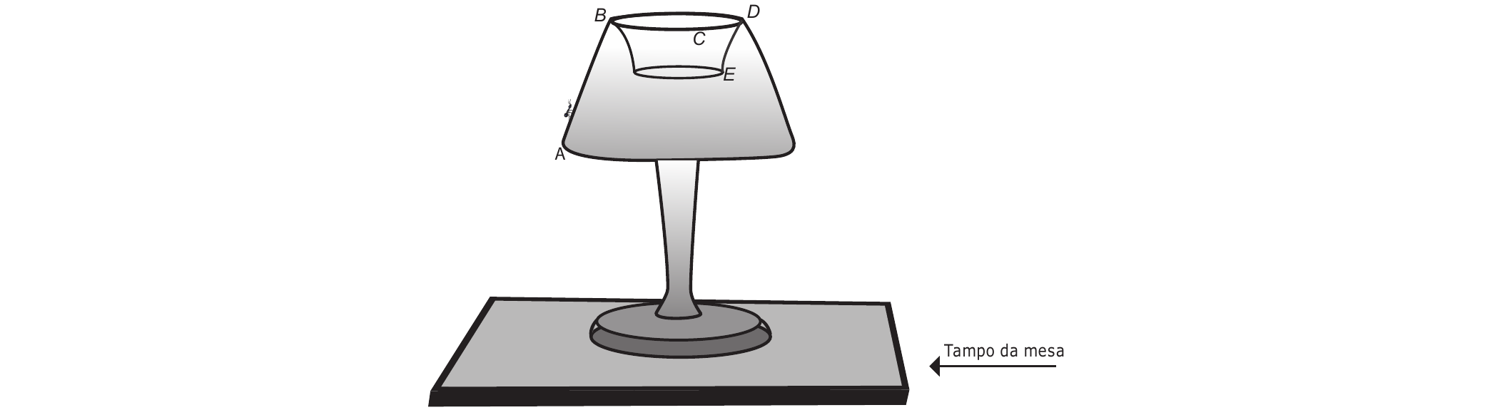 Desenho em perspectiva de um castiçal de vidro sobre uma mesa retangular. O castiçal tem base circular, haste fina e um corpo em forma de taça larga, com a borda superior circular; dentro da taça há uma cavidade cilíndrica menor. Uma formiga está na lateral esquerda do corpo, entre os pontos A (embaixo, na lateral esquerda) e B (na borda superior esquerda). D está na borda superior direita; C fica na borda, na parte da frente, entre B e D; E está na borda inferior da cavidade interna, abaixo de D. Uma seta indica 'Tampo da mesa'.