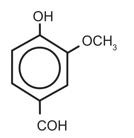 Fórmula estrutural da vanilina: anel benzênico (hexágono com círculo interno) com um grupo OH ligado ao carbono superior, um grupo OCH₃ ligado ao carbono adjacente à direita e um grupo COH ligado ao carbono inferior, oposto ao OH.