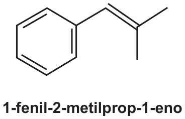 Fórmula estrutural em bastão do 1-fenil-2-metilprop-1-eno: um anel benzênico ligado a um carbono de dupla ligação (=CH–) cujo outro carbono traz duas metilas: C₆H₅–CH=C(CH₃)₂. Legenda: 1-fenil-2-metilprop-1-eno.