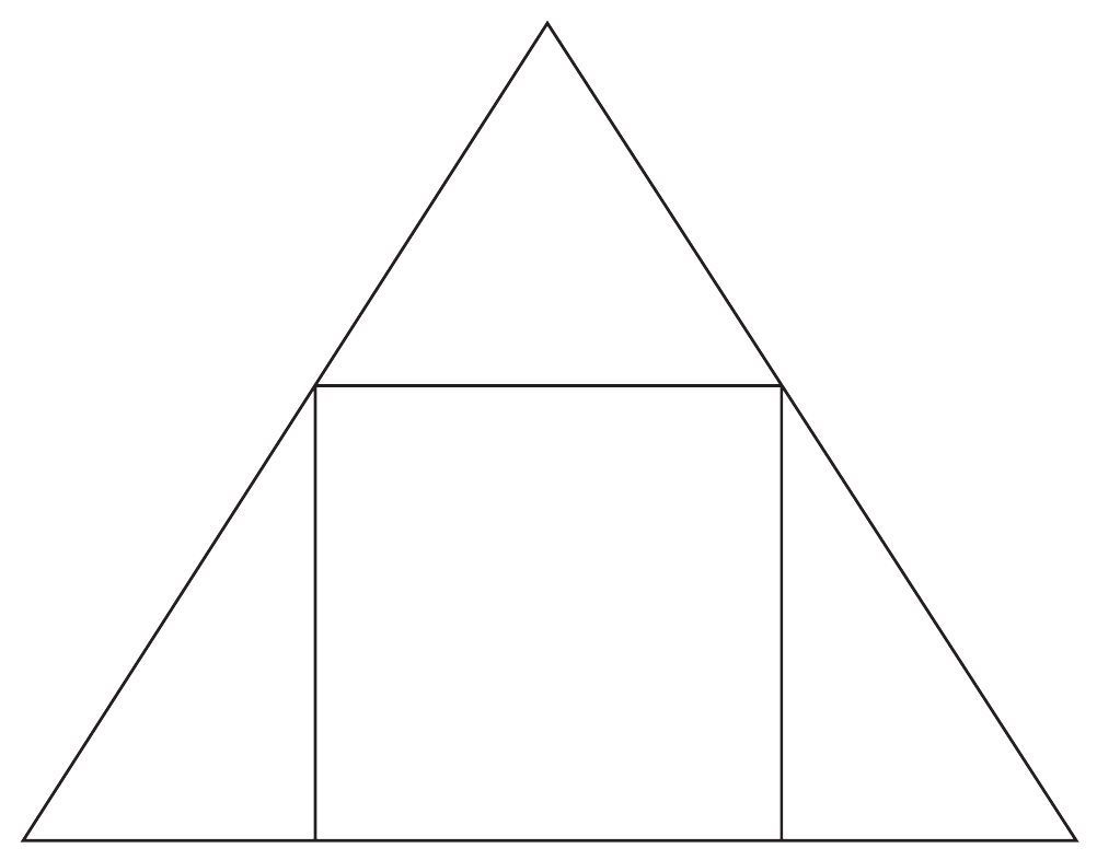 Triângulo com os três lados traçados e um quadrado inscrito: o lado inferior do quadrado está sobre a base do triângulo e os dois vértices superiores tocam os lados inclinados. A figura não traz medidas, letras nem marcas de ângulo.