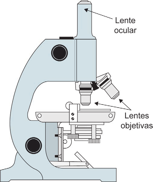 Microscópio com lente ocular e duas lentes objetivas intercambiáveis.
Esquema de um microscópio com uma lente ocular e duas opções de lente objetiva.