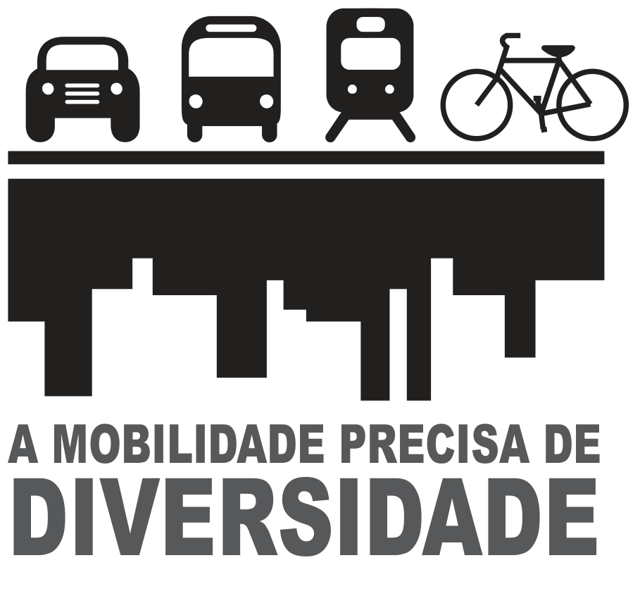 Cartaz em preto, cinza e branco: no alto, quatro pictogramas lado a lado — um carro, um ônibus, um trem e uma bicicleta — sobre uma faixa preta horizontal; abaixo, a silhueta preta de um conjunto de prédios (skyline) de cabeça para baixo, como um reflexo; embaixo, em letras maiúsculas grandes e cinza, o texto “A MOBILIDADE PRECISA DE DIVERSIDADE”.