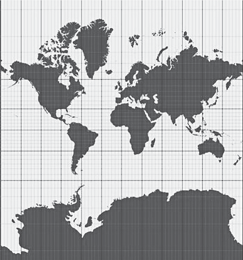 Mapa-múndi em projeção de Mercator: continentes em cinza escuro sobre malha de paralelos e meridianos retos e perpendiculares; Groenlândia e Antártida aparecem enormes, a Antártida ocupando toda a faixa inferior do mapa.