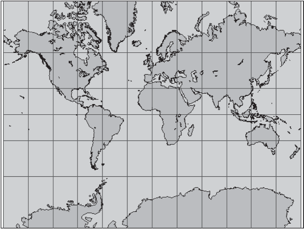 Planisfério na projeção de Mercator: continentes em cinza sobre fundo claro, cortados por uma malha regular de linhas retas verticais e horizontais que se cruzam em ângulos retos. A Groenlândia e a Antártida aparecem muito alargadas nas bordas superior e inferior do mapa.
