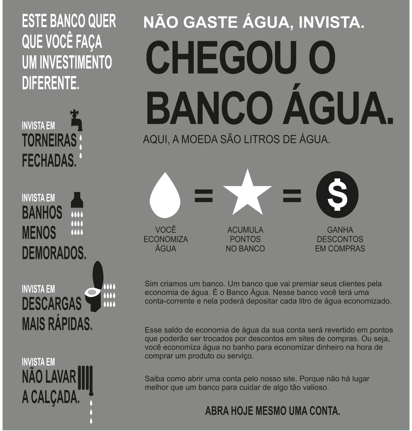 Anúncio com fundo cinza. Coluna esquerda: “Este banco quer que você faça um investimento diferente.” e quatro chamadas com ícones: “Invista em torneiras fechadas” (torneira), “Invista em banhos menos demorados” (chuveiro), “Invista em descargas mais rápidas” (vaso sanitário) e “Invista em não lavar a calçada” (mangueira). À direita, em destaque: “Não gaste água, invista. Chegou o Banco Água. Aqui, a moeda são litros de água.” Abaixo, um esquema com uma gota (“você economiza água”) = uma estrela (“acumula pontos no banco”) = um cifrão (“ganha descontos em compras”). Em seguida, três parágrafos: “Sim criamos um banco. Um banco que vai premiar seus clientes pela economia de água. É o Banco Água. Nesse banco você terá uma conta-corrente e nela poderá depositar cada litro de água economizado.” “Esse saldo de economia de água da sua conta será revertido em pontos que poderão ser trocados por descontos em sites de compras. Ou seja, você economiza água no banho para economizar dinheiro na hora de comprar um produto ou serviço.” “Saiba como abrir uma conta pelo nosso site. Porque não há lugar melhor que um banco para cuidar de algo tão valioso.” No rodapé: “Abra hoje mesmo uma conta.”