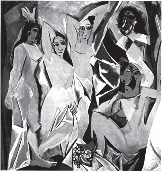 Reprodução em preto e branco de "Les Demoiselles d’Avignon", de Picasso: cinco figuras femininas nuas, com corpos e rostos fragmentados em planos angulosos, duas delas com faces semelhantes a máscaras; ao centro, em baixo, uma pequena natureza-morta com frutas.