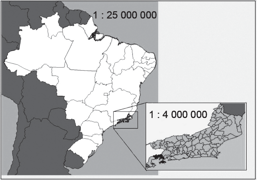 Figura com dois mapas: um mapa do Brasil na escala 1 : 25 000 000, com o estado do Rio de Janeiro destacado em preto dentro de um pequeno retângulo; ligado por linhas a um mapa ampliado do estado do Rio de Janeiro, na escala 1 : 4 000 000, mostrando seus municípios.