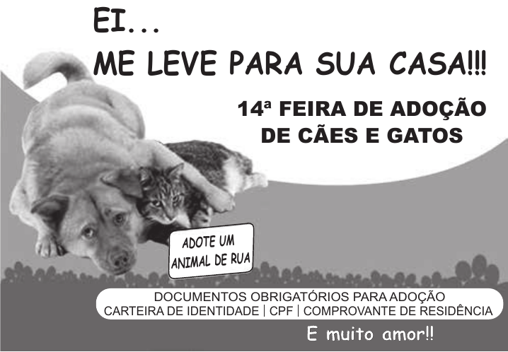 Cartaz com fotografia de um cão e um gato, títulos e um quadro de documentos para adoção.