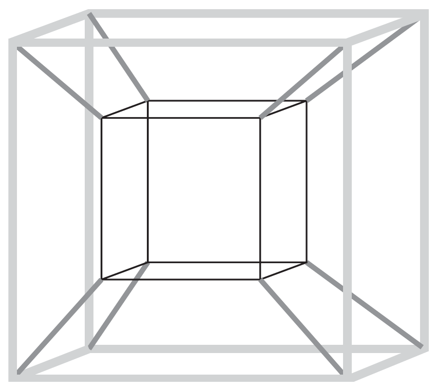 Estrutura espacial de hastes: um cubo externo desenhado em cinza-claro e, no centro, um cubo menor desenhado em traço fino preto; cada vértice do cubo menor liga-se ao vértice correspondente do cubo maior por uma haste cinza-média. As hastes de mesma tonalidade e espessura têm o mesmo comprimento.