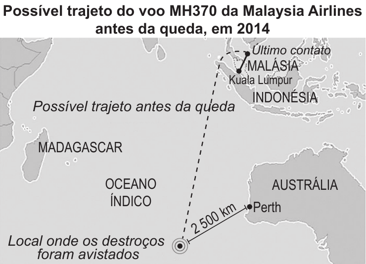 Mapa do possível trajeto do voo MH370 antes da queda.