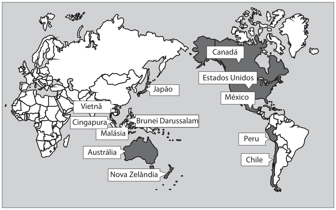 Mapa-múndi centrado no Pacífico com os países da Parceria Transpacífica destacados em cinza escuro e identificados por etiquetas: Canadá, Estados Unidos e México (América do Norte); Peru e Chile (América do Sul); Japão, Vietnã, Brunei Darussalam, Cingapura e Malásia (Ásia); Austrália e Nova Zelândia (Oceania).