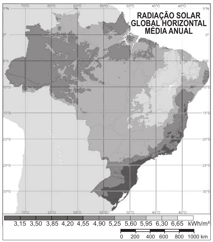Mapa brasileiro da radiação solar global horizontal média anual.