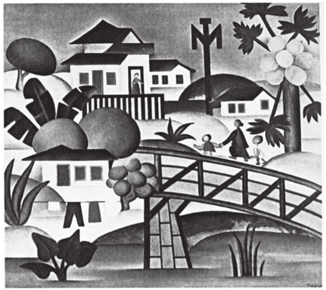 Pintura de uma vila: casas brancas de telhado escuro em socalcos, mamoeiros e outras árvores de copa redonda e folhas recortadas, um poste e, em primeiro plano, uma ponte curva de madeira com guarda-corpo em treliça. Sobre a ponte, três figuras humanas de mãos dadas. Tudo é construído com formas geométricas simples — círculos, cilindros, triângulos — e volumes sombreados.
