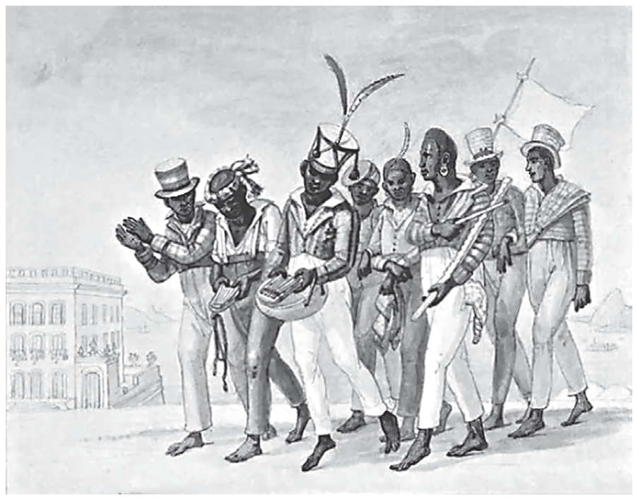 Aquarela de Debret mostrando um cortejo de homens negros vestidos à europeia, com calças claras, casacas, chapéus altos e adornos de penas na cabeça, caminhando e tocando instrumentos: um deles toca um instrumento de lâminas sobre uma cabaça, outro segura um instrumento de cordas, e um carrega um estandarte; ao fundo, à esquerda, um prédio de estilo colonial.