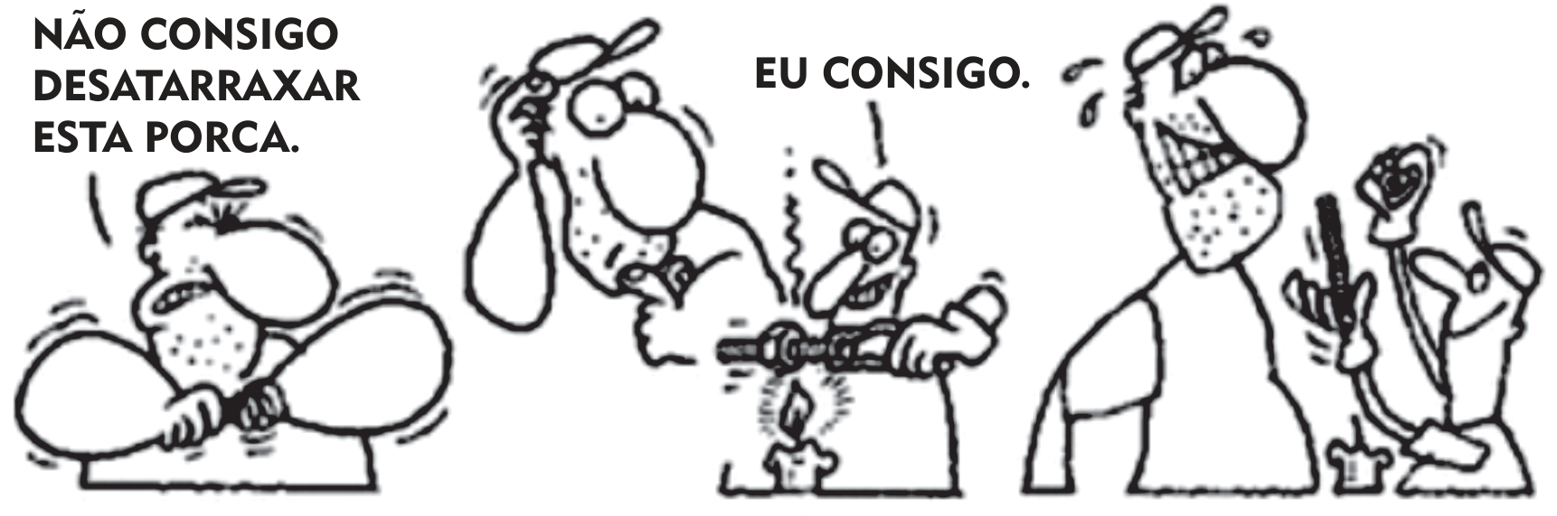 Tirinha em três quadros: um homem tenta soltar uma porca com uma chave e diz “Não consigo desatarraxar esta porca”; outro homem, dizendo “Eu consigo”, aquece a porca e o parafuso com a chama de uma vela; no terceiro quadro, ele mostra a porca separada do parafuso.