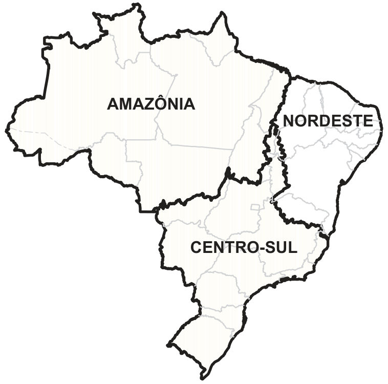 Mapa do Brasil dividido em três grandes regiões por linhas grossas, com os limites estaduais em linhas finas ao fundo: AMAZÔNIA (todo o norte e parte do centro-oeste, cortando estados como Mato Grosso, Tocantins e Maranhão), NORDESTE (leste, do Maranhão à Bahia) e CENTRO-SUL (sul, sudeste e parte do centro-oeste). As linhas grossas não coincidem com as divisas dos estados.