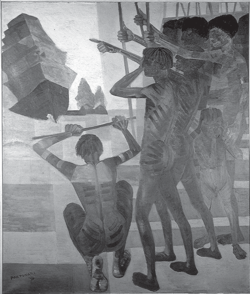 Reprodução em preto e branco da tela O descobrimento do Brasil, de Portinari: em primeiro plano, indígenas nus com corpos pintados, um deles agachado de costas e outros de pé segurando arcos e lanças erguidos, todos voltados para o alto e para a direita, em atitude de alerta; ao fundo, à esquerda, uma vela de navio e formas geométricas claras.