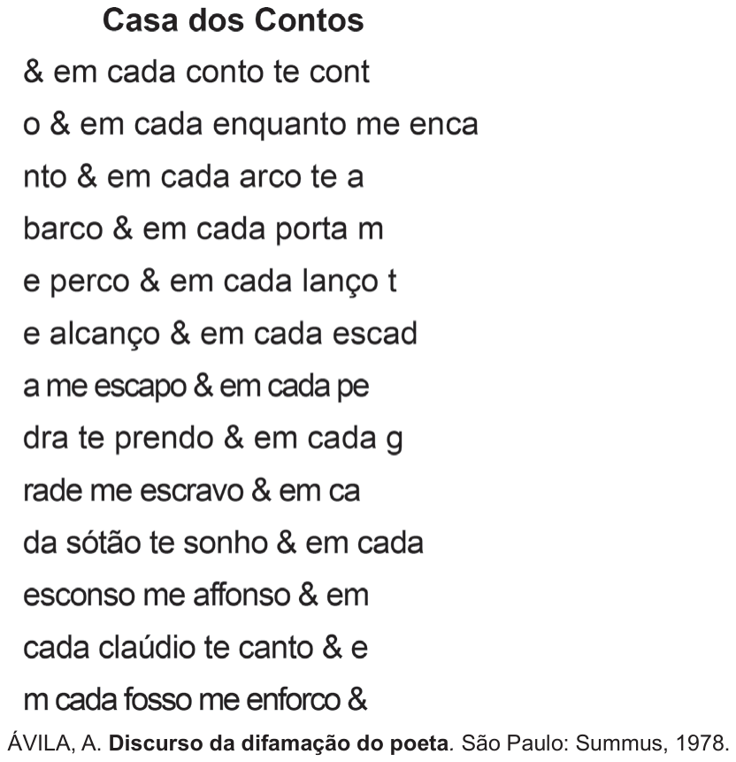 Poema Casa dos Contos, de Affonso Ávila. As linhas rompem palavras e mantêm a disposição em bloco: “& em cada conto te cont / o & em cada enquanto me enca / nto & em cada arco te a / barco & em cada porta m / e perco & em cada lanço t / e alcanço & em cada escad / a me escapo & em cada pe / dra te prendo & em cada g / rade me escravo & em ca / da sótão te sonho & em cada / esconso me affonso & em / cada cláudio te canto & e / m cada fosso me enforco &”. Referência: ÁVILA, A. Discurso da difamação do poeta. São Paulo: Summus, 1978.