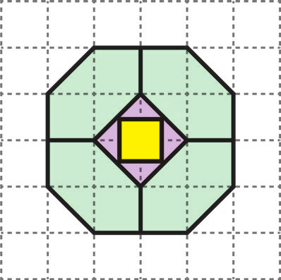 Mosaico desenhado sobre uma malha quadriculada tracejada de 6 por 6 células; os contornos das peças estão em linha preta contínua e a malha, em traço fino tracejado. Numerando os traços da malha de 0 a 6, da esquerda para a direita e de cima para baixo, o contorno externo do mosaico tem oito vértices, todos sobre cruzamentos da malha: (2,1), (4,1), (5,2), (5,4), (4,5), (2,5), (1,4) e (1,2). Quatro desses lados são retos e ocupam duas células cada — dois na horizontal e dois na vertical — e os outros quatro são oblíquos, cada um cruzando uma célula na diagonal. No centro há um quadrilátero lilás, formado por quatro triângulos iguais, com vértices em (3,2), (4,3), (3,4) e (2,3); dentro dele, um quadrado amarelo de lado igual a uma célula, com os lados paralelos aos da malha e o mesmo centro, em (3,3). As quatro peças verdes iguais preenchem o resto do mosaico: cada uma tem seis lados e é separada das vizinhas por segmentos pretos que vão do meio de cada lado reto do contorno — (3,1), (5,3), (3,5) e (1,3) — até o vértice mais próximo do quadrilátero lilás.