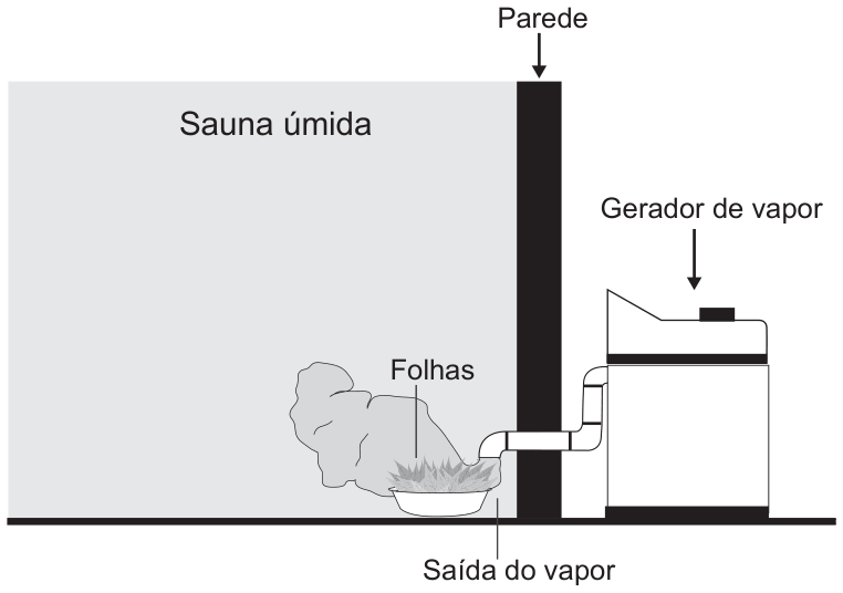 Esquema: à esquerda, o interior da sauna úmida; uma parede escura a separa do gerador de vapor, à direita; um tubo atravessa a parede e o vapor sai por baixo, sobre um recipiente com folhas, de onde sobe uma nuvem de vapor aromatizado. Rótulos: Parede, Sauna úmida, Gerador de vapor, Folhas, Saída do vapor.