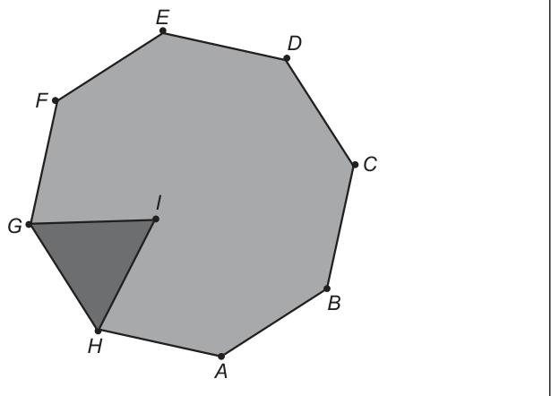 Octógono regular preenchido em cinza, com os vértices rotulados no sentido horário a partir do topo: E, D, C, B, A, H, G, F (F e G no lado esquerdo, H embaixo à esquerda). Dentro dele, um triângulo cinza-escuro com vértices G e H (vértices consecutivos do octógono) e I, um ponto no interior do octógono.