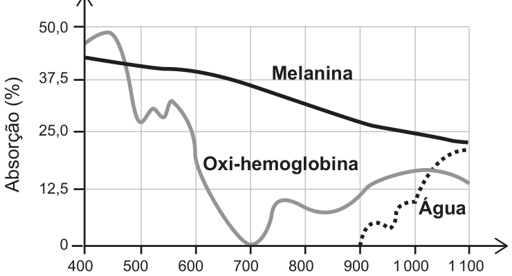 Gráfico de absorção (%) (eixo vertical, de 0 a 50) por comprimento de onda (nm) (eixo horizontal, de 400 a 1 100), com três curvas. Melanina (linha cheia): cai suavemente de cerca de 44% em 400 nm para cerca de 22% em 1 100 nm. Oxi-hemoglobina (linha cinza): cerca de 50% entre 400 e 450 nm, com ondulações entre 500 e 600 nm (cerca de 30%), cai a zero em 700 nm, sobe a cerca de 10% em 750–800 nm e a cerca de 15% em 1 000 nm. Água (pontilhada): zero até 900 nm, com pequeno pico perto de 970 nm e subida até cerca de 20% em 1 100 nm.