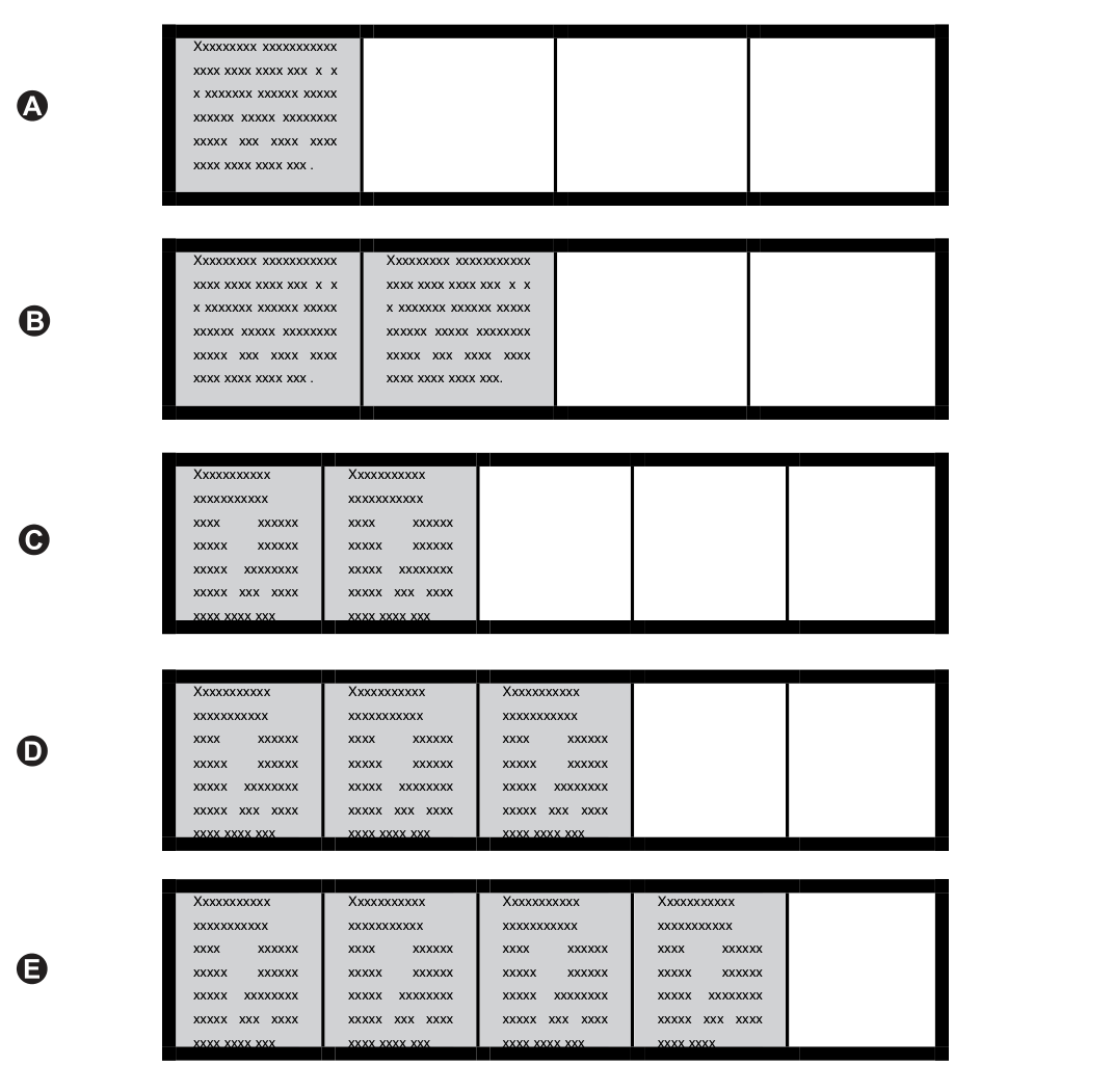 Cinco desenhos de lousa, um por alternativa. A: quatro partes, uma preenchida. B: quatro partes, duas preenchidas. C: cinco partes, duas preenchidas. D: cinco partes, três preenchidas. E: cinco partes, quatro preenchidas.