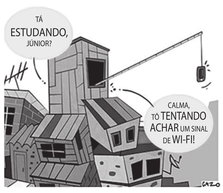 Charge sobre um estudante procurando sinal de internet.