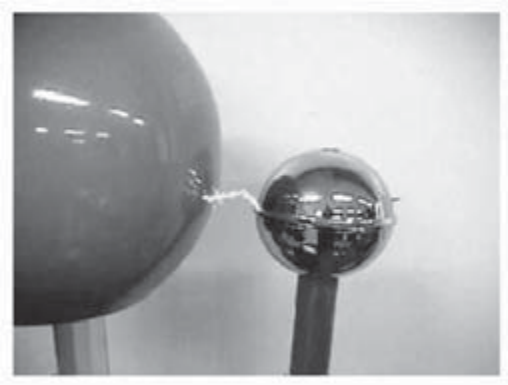 Fotografia em close das duas esferas do gerador, com uma faísca elétrica saltando entre a esfera grande e a esfera pequena.