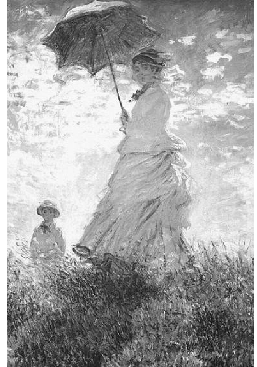 Reprodução em preto e branco da pintura "Mulher com sombrinha", de Claude Monet (1875): uma mulher de vestido longo e sombrinha, vista de baixo, em pé sobre uma colina de relva alta, contra um céu com nuvens; à esquerda, mais abaixo, uma criança de chapéu. As pinceladas soltas são visíveis no céu, na relva e no vestido.